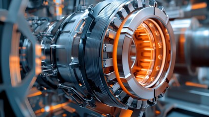 Poster - Close-up of a complex metallic industrial machine component with glowing orange core.