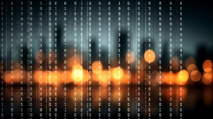 Digital network with binary code raining on abstract blurred cityscape background, data stream concept