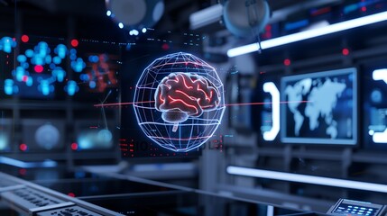 Poster - A futuristic artificial intelligence augmented reality visualization featuring a glowing holographic AI brain interface, digital data streams and neural connections floating mid-air