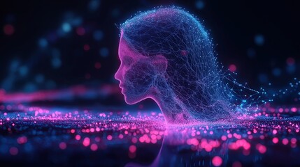 Fototapete - Futuristic silhouette of a woman composed of glowing particles, representing technology, innovation, and digital art.