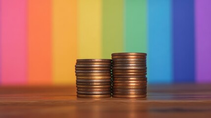Aufkleber - Two stacks of coins on wooden surface against vibrant rainbow backdrop.