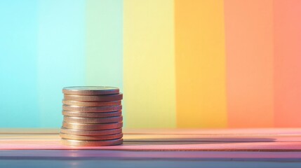 Aufkleber - Stack of coins on wooden surface against colorful background.