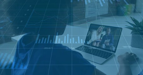 Poster - Animation of financial data charts overlaying people on video call on laptop