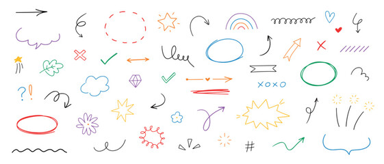 Aufkleber - Hand drawn different line elements. Doodle sketch style arrows, scribbles, stars, speech bubbles and underlines. Vector grunge colored element set.