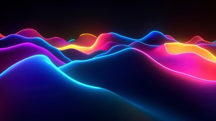 Aufkleber - Vibrant neon waves flow across a dark background, creating an abstract landscape of light and color.