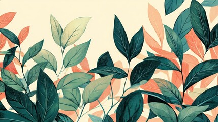Poster - Pastel teal and coral leaves illustration, botanical art, nature background.