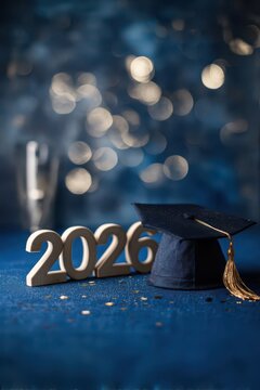 A simple bokeh background with the number 2026 in large, wooden letters, beside which is placed an elegant graduation cap