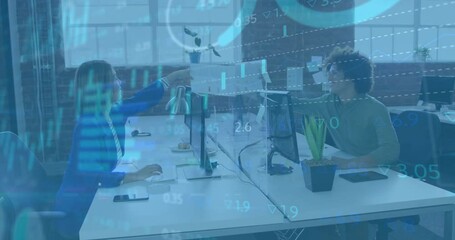 Poster - Analyzing financial graphs, business professionals discussing data in office meeting