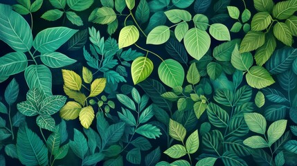 Poster - Lush green foliage background with various leaves in vibrant shades of green.