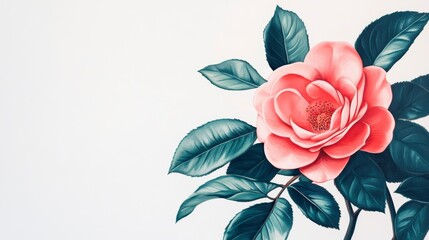 Poster - Single pink camellia blossom with dark green leaves on white background.