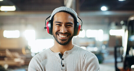 Aufkleber - Carpenter, man and portrait with headphones in workshop for woodwork, furniture production or hearing protection. Manufacturing industry, worker and happy in warehouse for carpentry or small business