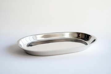 Poster - Elegant stainless steel serving platter on a clean white background showcasing its reflective surface and smooth edges