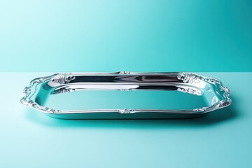 Poster - Elegant silver tray on a turquoise background showcasing exquisite craftsmanship and detail in a modern setting