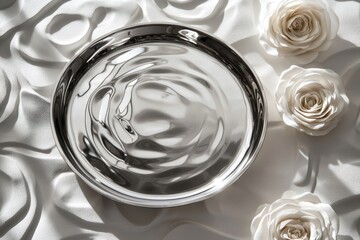 Leinwandbilder - Shiny silver serving tray surrounded by white roses on a textured fabric surface in soft natural light