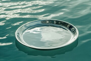 Aufkleber - Reflective tray floats on calm water surface under soft sunlight in tranquil setting