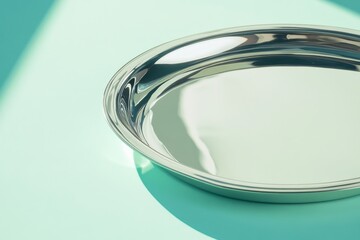 Aufkleber - Sleek stainless steel tray on a vibrant mint green surface reflecting light nicely for a contemporary look