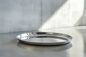 Poster - Modern silver tray resting on smooth surface with soft sunlight highlighting its contours in a minimalist environment