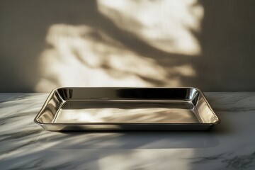 Leinwandbilder - Shiny metal tray on marble surface with soft shadows created by warm light