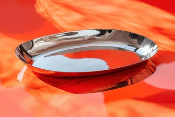 Poster - Reflective silver tray on vibrant orange background creates a stunning visual contrast in a stylish setting