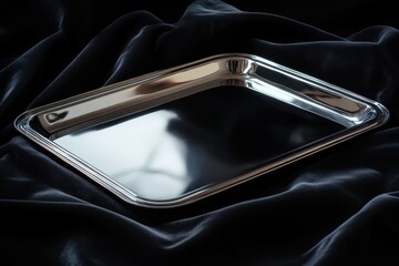 Poster - Shiny silver tray on black velvet fabric showcasing sleek design and smooth surface