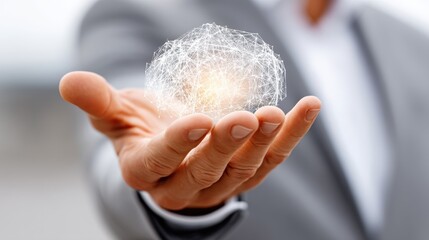 Poster - Man is holding a hand up to show a brain. The brain is made up of many different colored lines and dots. Concept of the complexity of the human brain and the importance of understanding it