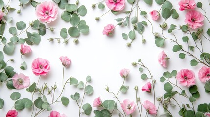 Poster - Flat lay of pink flowers and eucalyptus leaves arranged on white background, forming a frame.
