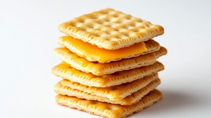 Aufkleber - Stack of square crackers with cheese filling, close-up shot on white background.