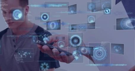 Poster - Interacting with smartphone, people using animation and digital holographic elements
