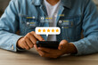 © Sayed - Person Reading Positive Customer Reviews on Smartphone Excellent Feedback Five Star Rating Mobile App User Experience Digital Technology Online Reputation Management Business Success Modern Lifestyle