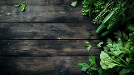 Aufkleber - Fresh herbs and zucchini on rustic wooden background.