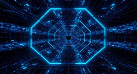 Aufkleber - Futuristic Technology Tunnel with Octagon Shaped Neon Lights Glowing in a Dark Abstract Interior, Creating a Science Fiction Ambiance and Leading to an Unknown Destination