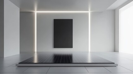 Poster - Minimalist modern interior with blank black poster and solar panel floor.