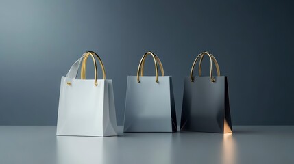 Poster - Three shopping bags, white, gray, black, gold handles, on dark background.