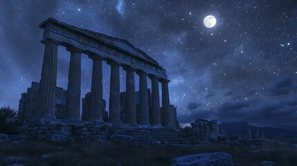 Wall Mural - Ancient Greek temple ruins under a bright moon and starry night sky.