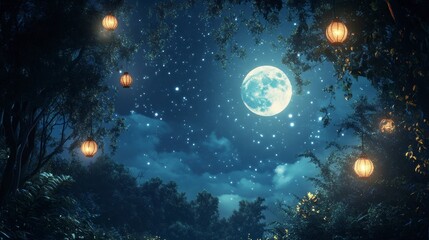 Poster - Magical night scene with full moon, stars, glowing lanterns hanging from trees.