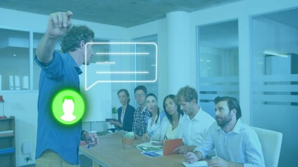 Poster - Animated speech bubble and profile icon over participants in business meeting