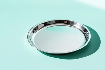 Aufkleber - Reflective metal tray resting on a mint green surface during bright daylight