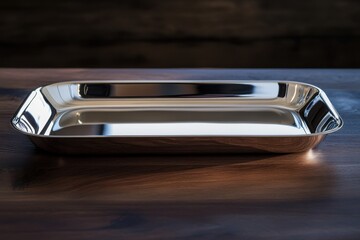 Poster - Rectangular stainless steel tray resting on a wooden surface, reflecting soft light in a minimalistic setting