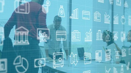 Poster - In office, business professionals working with digital data animation on screen