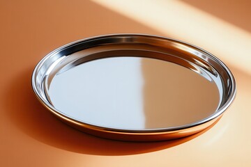 Fototapete - Reflective metal tray on a warm orange surface with soft natural light casting shadows