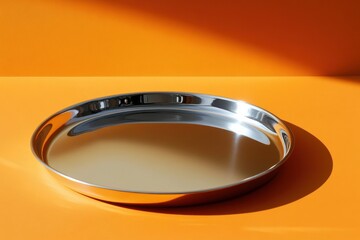Poster - Shiny metal tray on a vivid orange background showcasing its smooth surface and reflections
