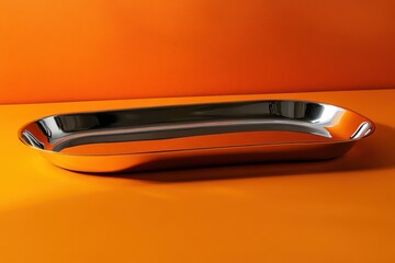 Poster - Stylish metallic serving tray against a vibrant orange backdrop showcasing minimalist design in contemporary decor