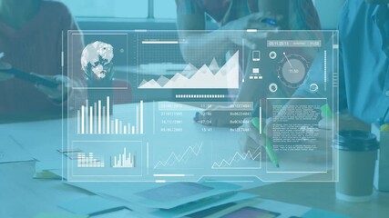 Poster - Analyzing data with futuristic animation, business team reviewing charts in office