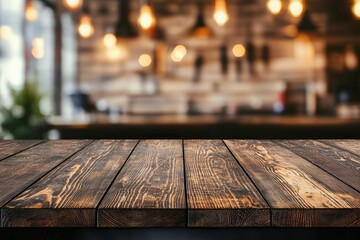 Poster - Empty wooden table providing space for product placement in a blurred cafe background