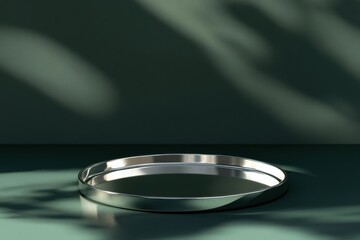 Poster - Minimalist metal tray against a dark green backdrop with soft shadows illuminating the surface in a modern setting