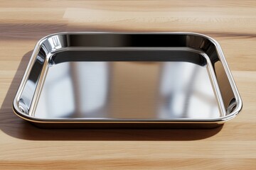 Leinwandbilder - Stainless steel tray on wooden surface showcasing its smooth finish and reflective quality in natural light