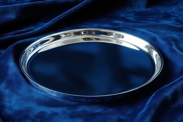 Poster - Shiny silver tray resting on dark velvet fabric showcasing elegant design and smooth surface