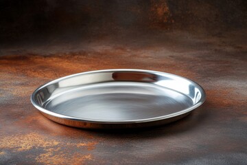 Aufkleber - Shiny stainless steel tray on textured brown surface with soft lighting showcasing its polished surface