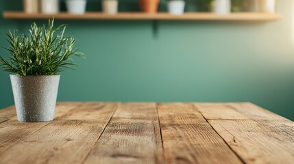 Poster - Empty wooden table with potted plant in rustic workshop setting