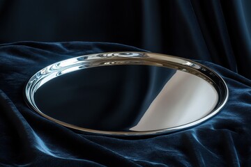 Poster - Reflective silver tray placed on a dark velvet fabric showcasing elegant design details and shine in soft lighting